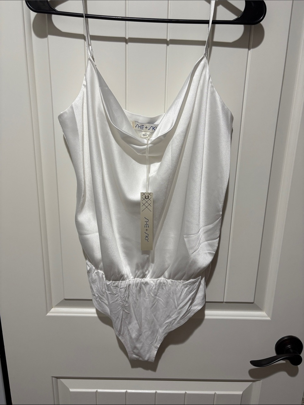 She + Sky White Satin Cowl Neck Bodysuit with Spaghetti Straps